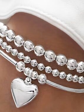 Sterling Silver Heart Charm Layered Beaded Bracelet - Silver